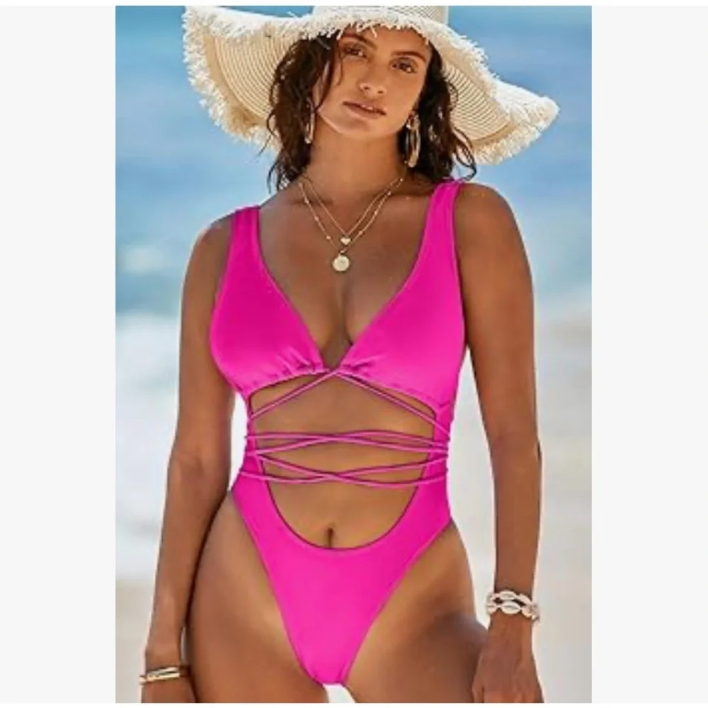 Hot Pink Strappy One-Piece Swimsuit - Picture 2 of 9